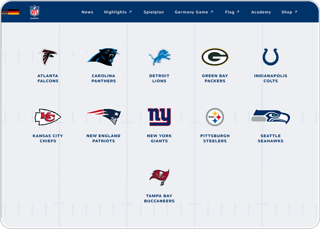 Übersicht der NFL-Teams auf der NFL-Germany-Plattform mit Logos, Teamnamen und Verlinkung der Teamseite