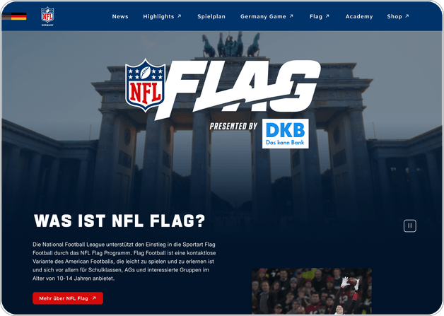 Informationsbereich zum NFL-Flag-Programm mit Vorstellungsvideo auf der NFL-Germany-Plattform