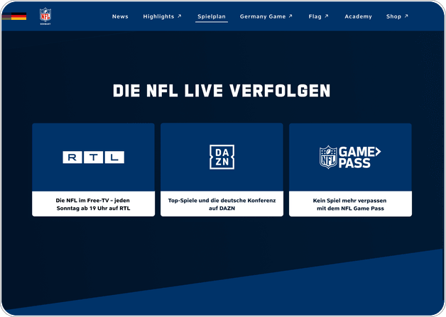 Übersicht der Streaming- und TV-Angebote zur Live-Verfolgung der NFL auf der NFL-Germany-Plattform