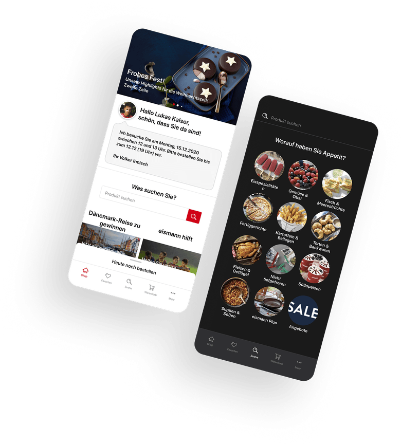 Um die Eismann App darzustellen, werden Screens mit Design-Elementen wie Bestellinformationen und die Suche bereitgestellt.